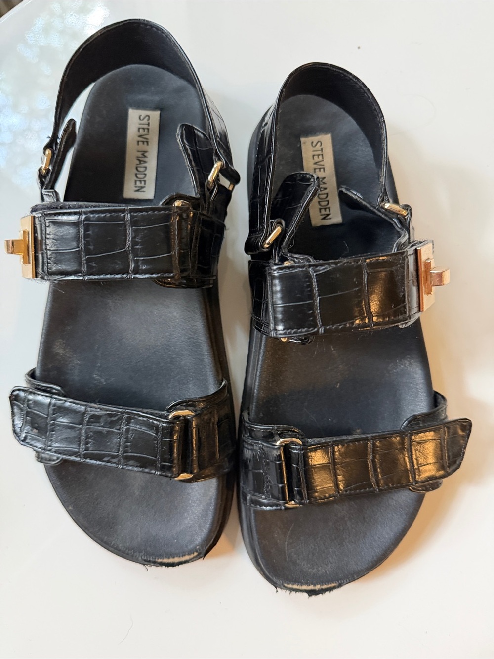 Steve Madden Black Croc-Embossed Adjustable Buckle Sandals